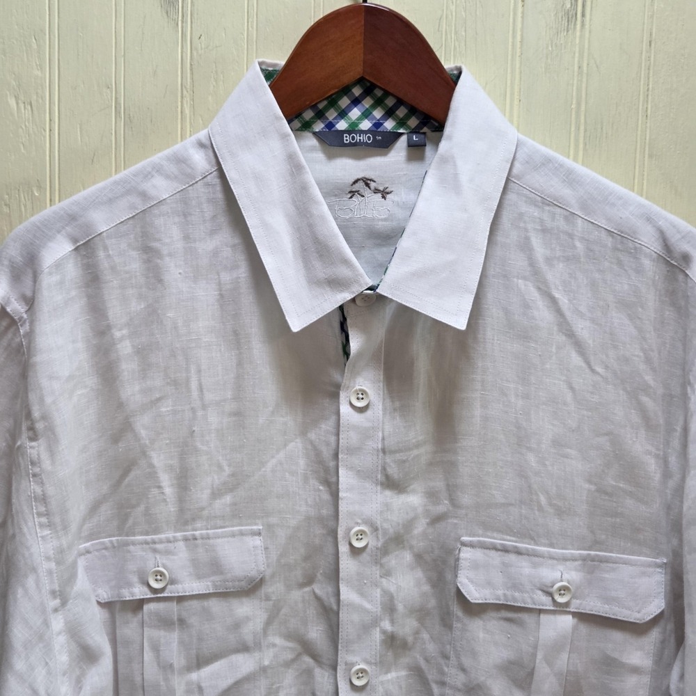 Bohio Shirt Mens Large White 100% Linen Long Sleeve Button Up Pockets Casual